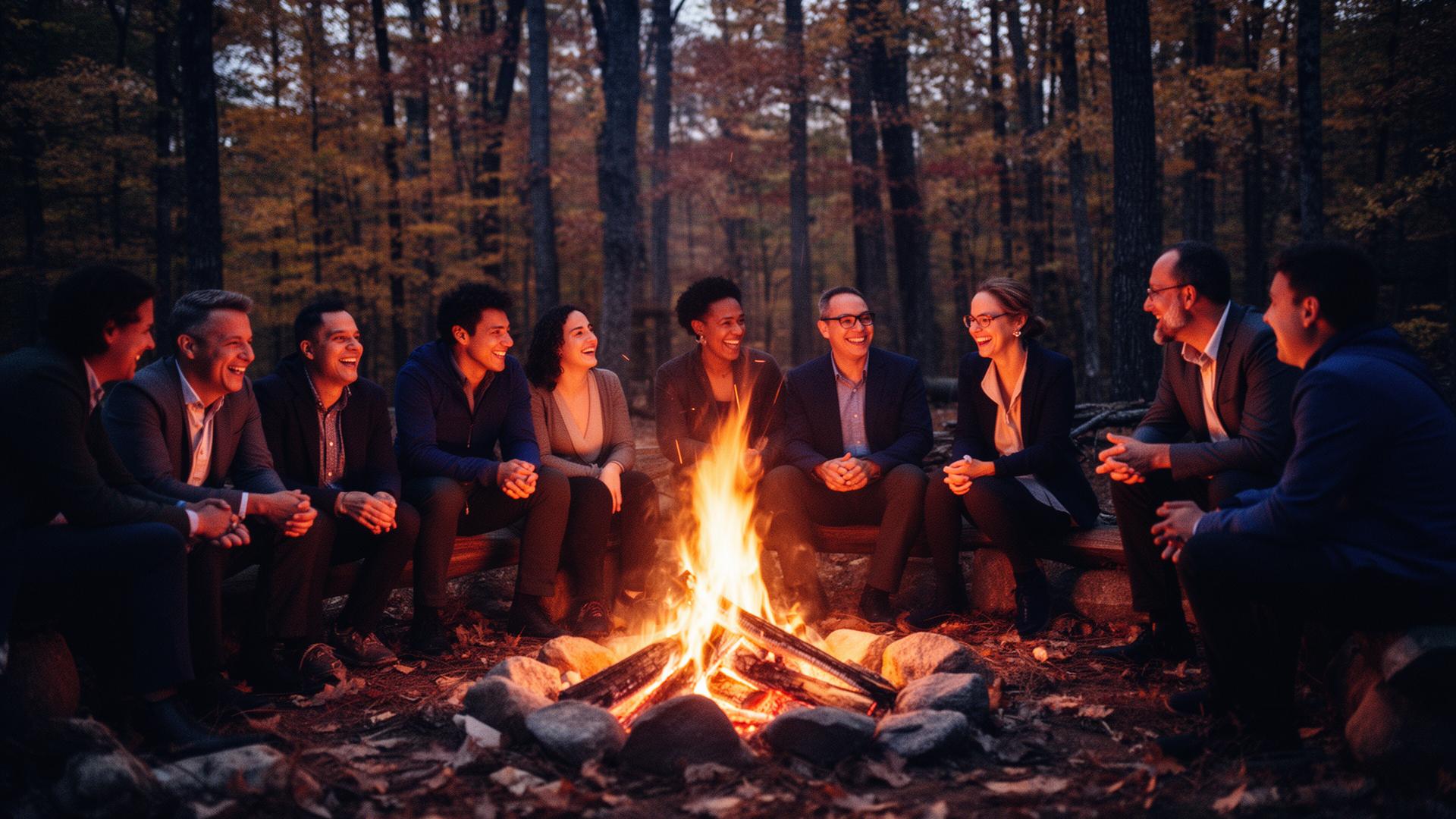 Technology leaders gathered around a campfire at dusk